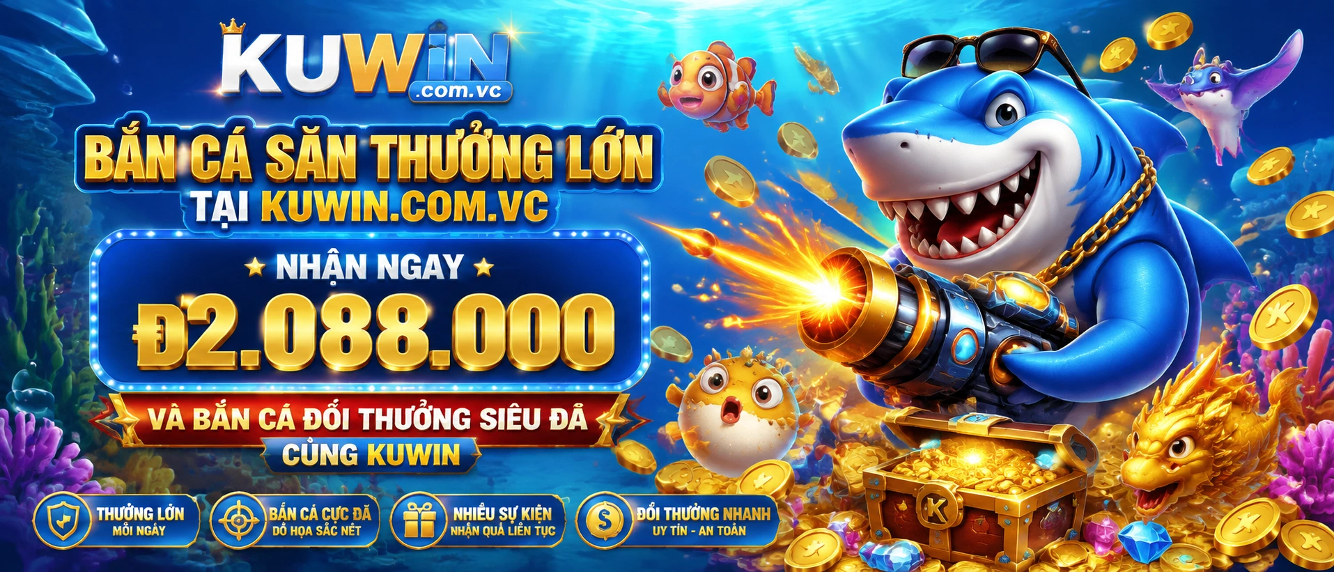 KUWIN Bắn Cá giao diện mobile với chủ đề đại dương và phòng game