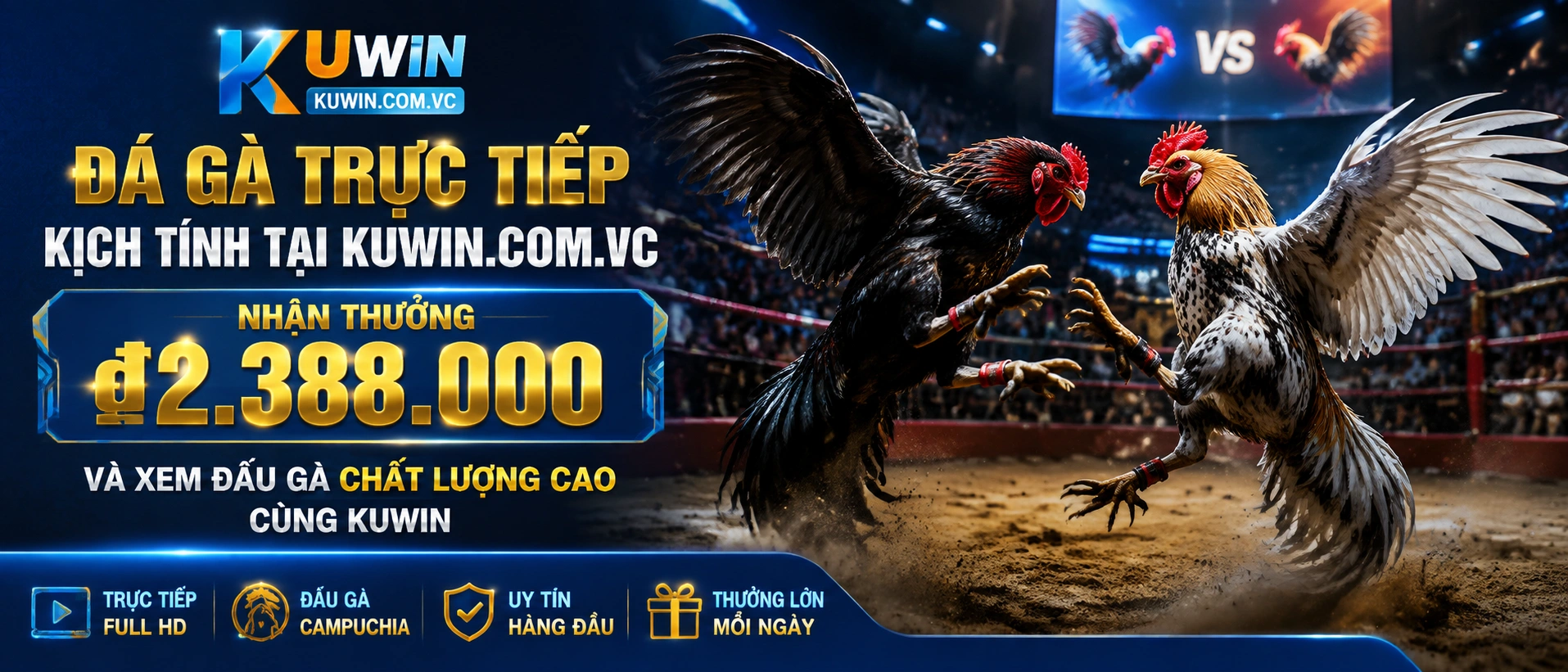 Khu Đá Gà KUWIN hiển thị danh mục live rõ ràng trên giao diện nền tối