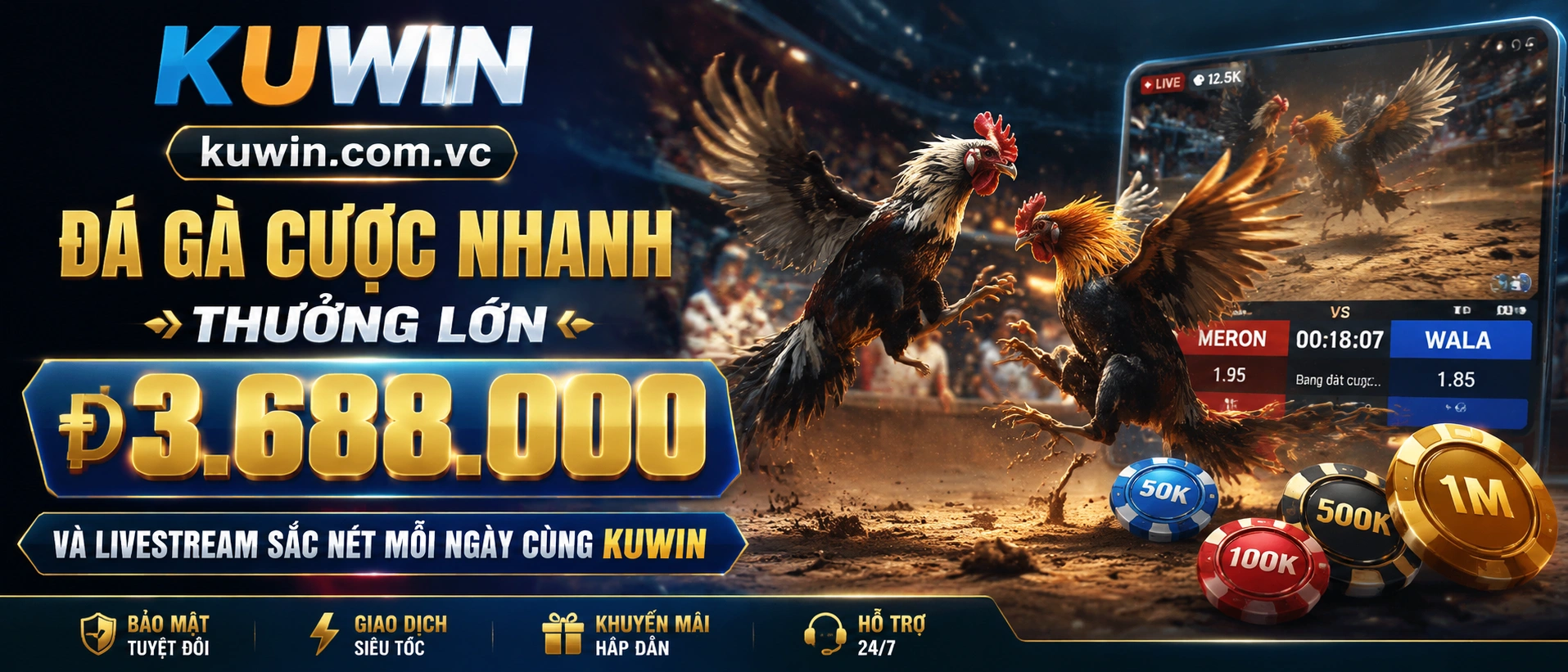 Giao diện danh mục Đá Gà KUWIN với khu trận nổi bật được sắp xếp theo nhóm